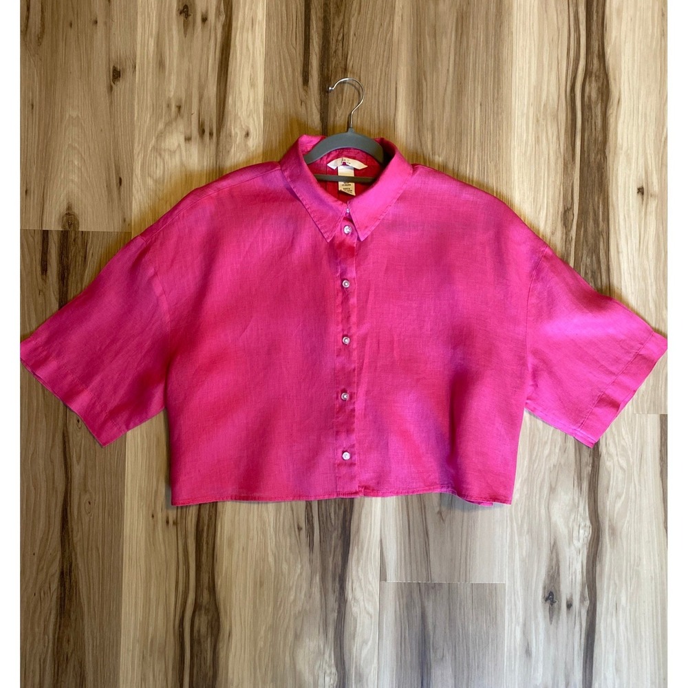 H&M Hot Pink 100% Linen Short Sleeve Cropped Button Down Shirt Small